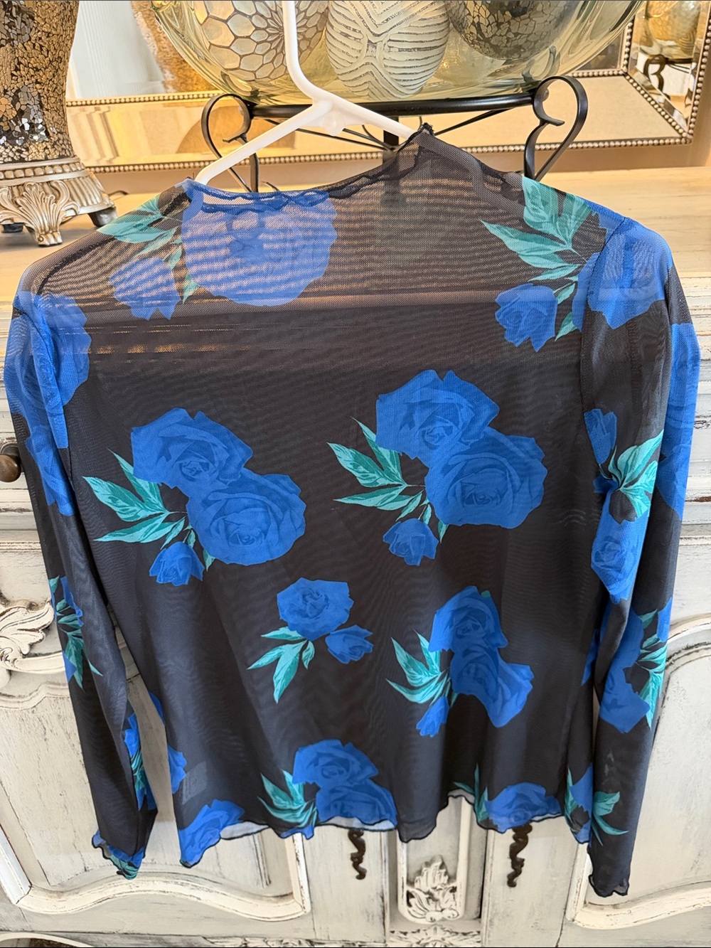 White Mesh Fox Boutique Black Sheer Top with Blue and green Rose Print..